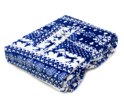 Плед велсофт PRIVAL, синий скандинавский узор(Олени на синем фоне) 180 см х200 см