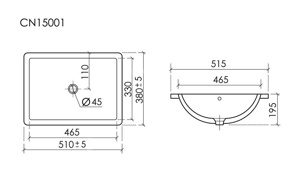 Раковина встраиваемая снизу Ceramicanova Era, с отверстием слива - перелива 515x380x195 мм, белый, арт.CN15001