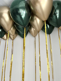 Воздушные шары на потолок с дождиком, золото хром и глубокий зеленый, 15 шт №2720