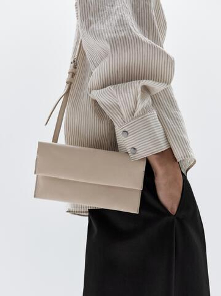 Massimo Dutti Небольшая сумка из кожи наппа, кремовый