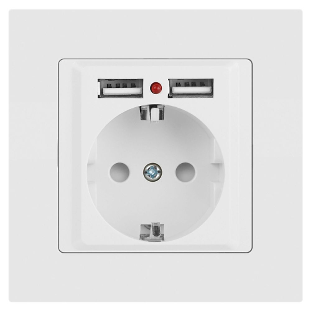 Розетка Intro Accent 6-410-01М с заземлением 2P+E Schuko со шторками 16А-250В + 2хUSB IP20 СУ белый матовый