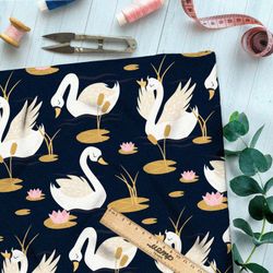 Ткань шелк Армани белые лебеди с кувшинками на чёрном фоне