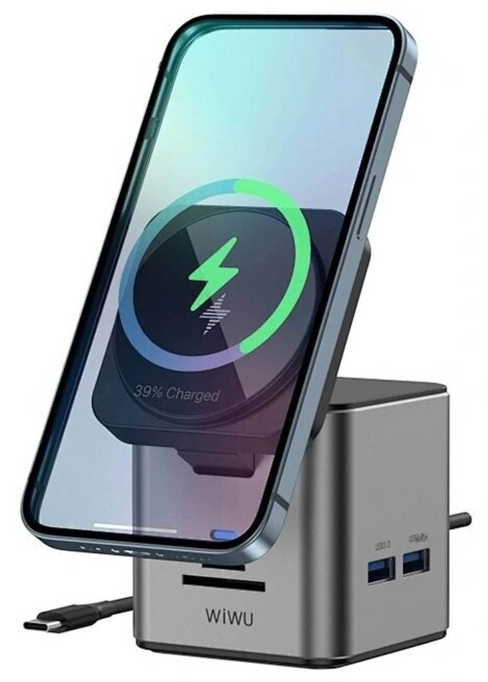 Хаб с беспроводной зарядкой Wiwu Cube Hub 9 в 1 USB-C Docking Wi-W025, Серый