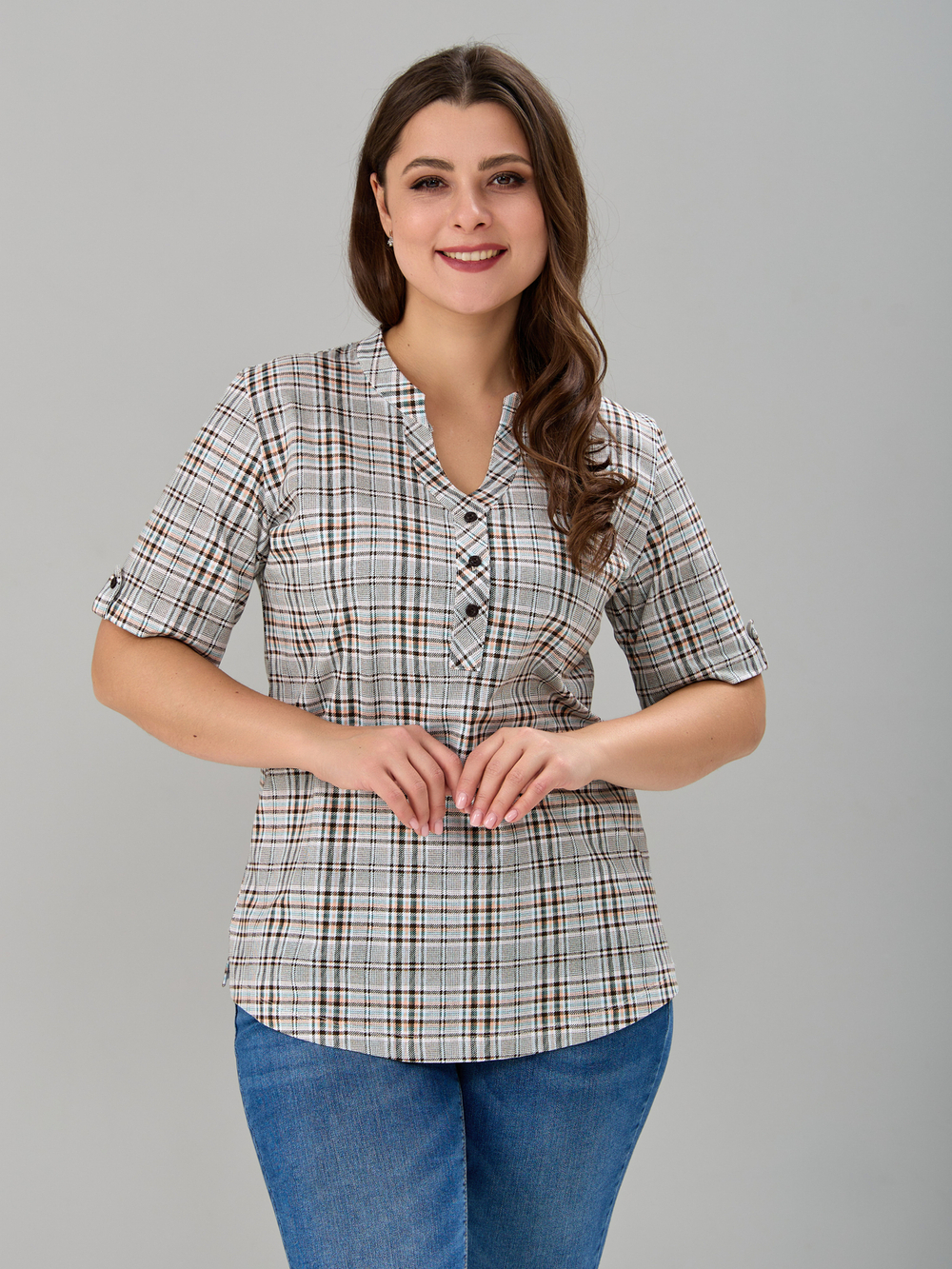 Блузка БЛ-122/клетка-рогожкаперсик