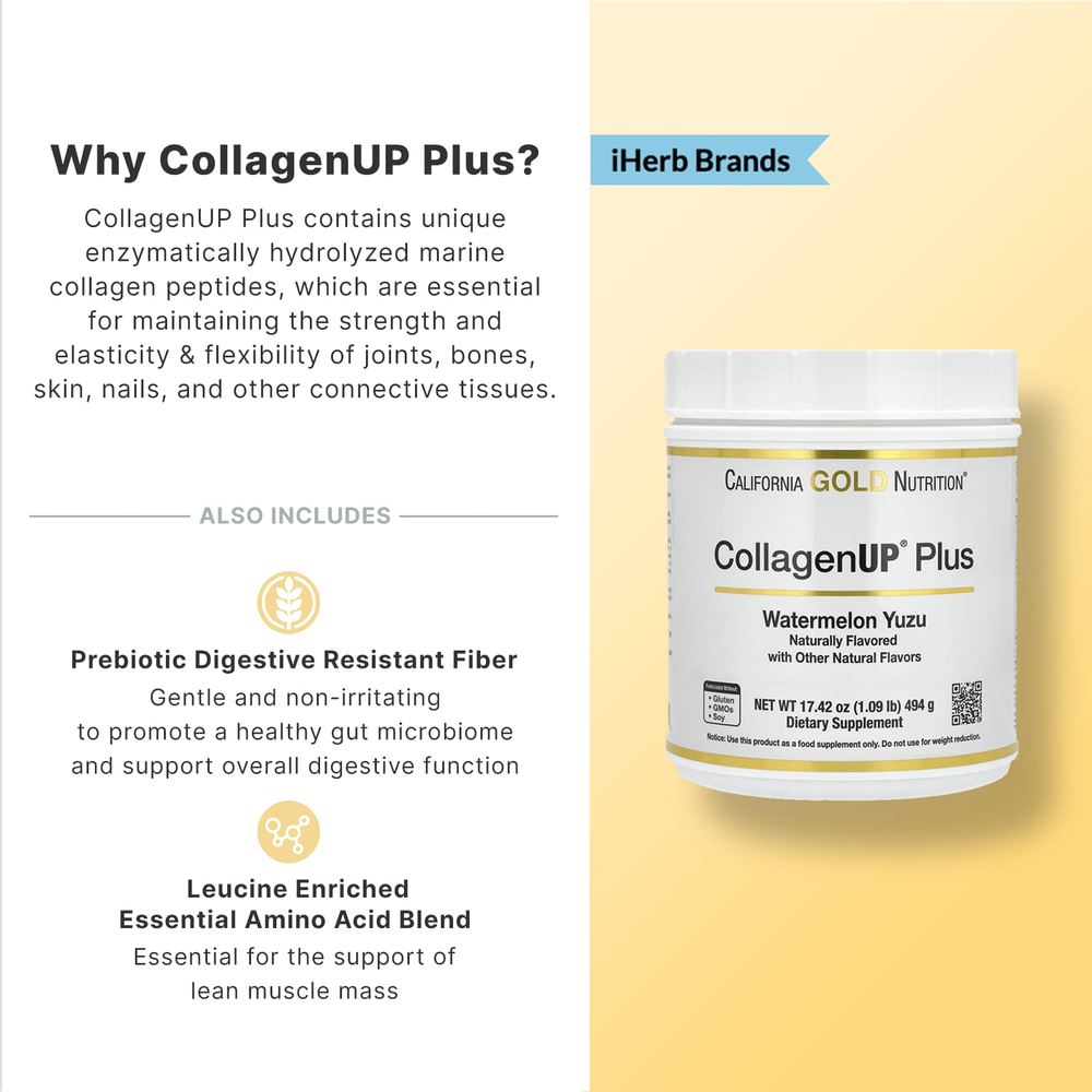 California Gold Nutrition, CollagenUp Plus, пептиды гидролизованного морского коллагена с клетчаткой и незаменимыми аминокислотами, со вкусом арбуза и юдзу, 494 г (1,09 фунта)