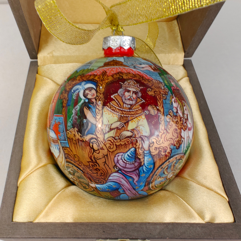 Шар новогодний с круговой росписью Палех "Золотой петушок" в футляре