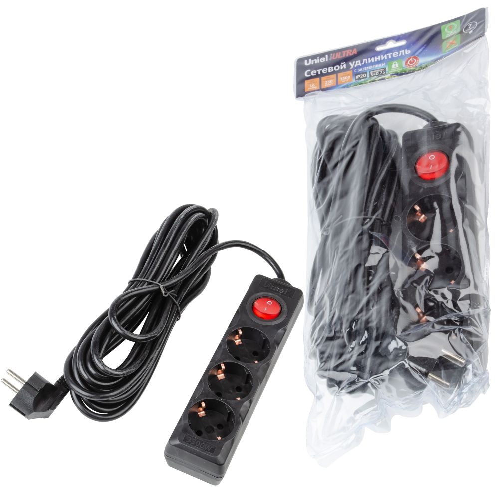S-GCU3-7B BLACK Удлинитель серии Ultra, шнур 7м., 3 гнезда, 16A, с/з. Черный. TM Uniel