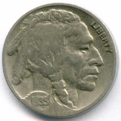 5 центов 1935 год (без знака - Philadelphia). США. Индеец с бизоном. Медно-никель, диаметр 21.2 мм. F-VF