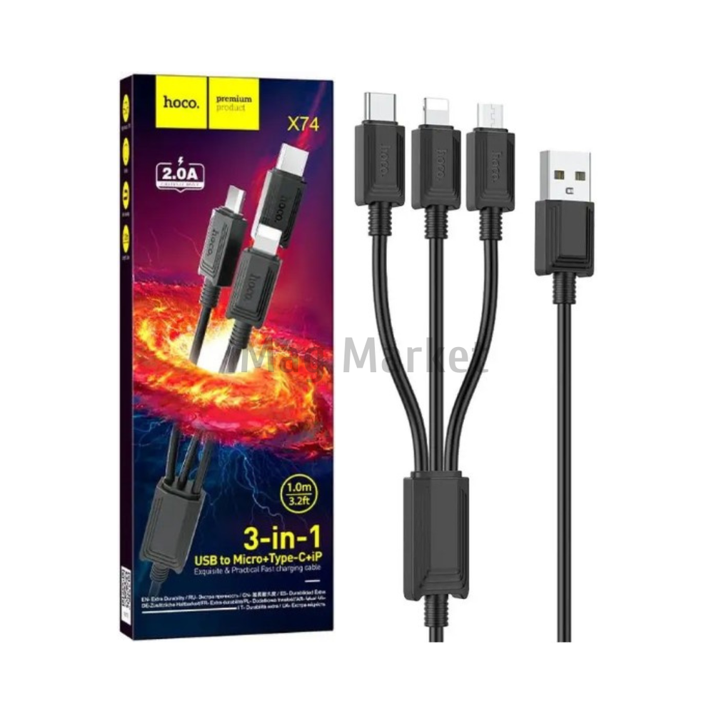 Зарядный кабель Hoco X74, USB-A - Lightning/micro-USB/Type-C, 2A, 10W, 1 м, черный