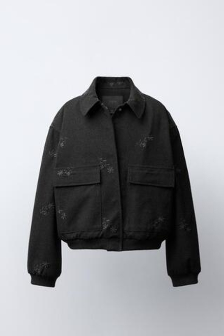 ZARA БОМБЕР С ВЫШИВКОЙ «ЦВЕТЫ», ТЕМНЫЙ АНТРАЦИТ