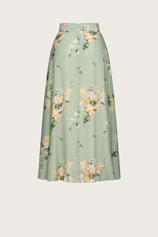 ЮБКА НА ШНУРОВКЕ ИЗ ЗЕЛЕНОЙ ВИСКОЗЫ С ЛЮРЕКСОМ И АВТОРСКИМ ПРИНТОМ