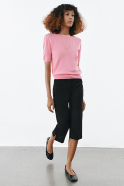 ZARA СВИТЕР ИЗ 100% ШЕРСТИ С КОРОТКИМИ РУКАВАМИ, ЯРКО-РОЗОВЫЙ