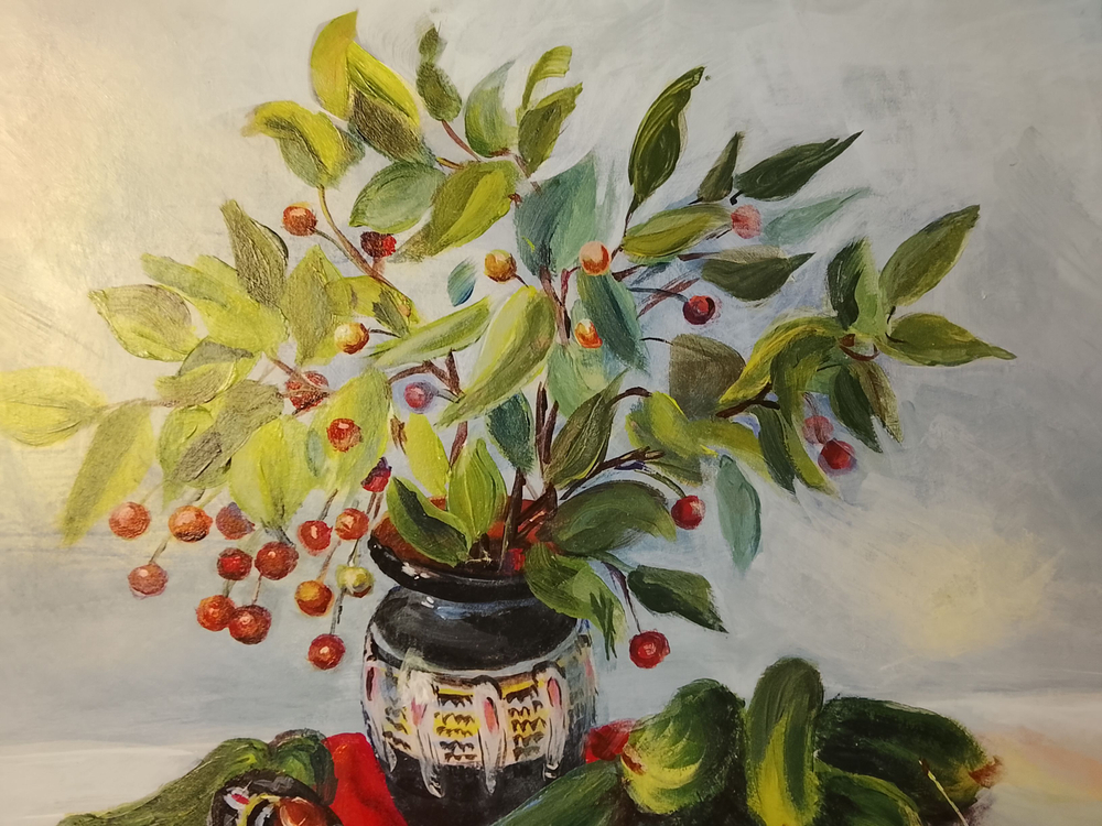Картина "Айва", натюрморт. 30 см на 30 см. Акрил на картоне. Авторская живопись, оригинал.