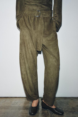 ZARA БРЮКИ BALLOON С ЭФФЕКТОМ ЗАМШИ, ХАКИ