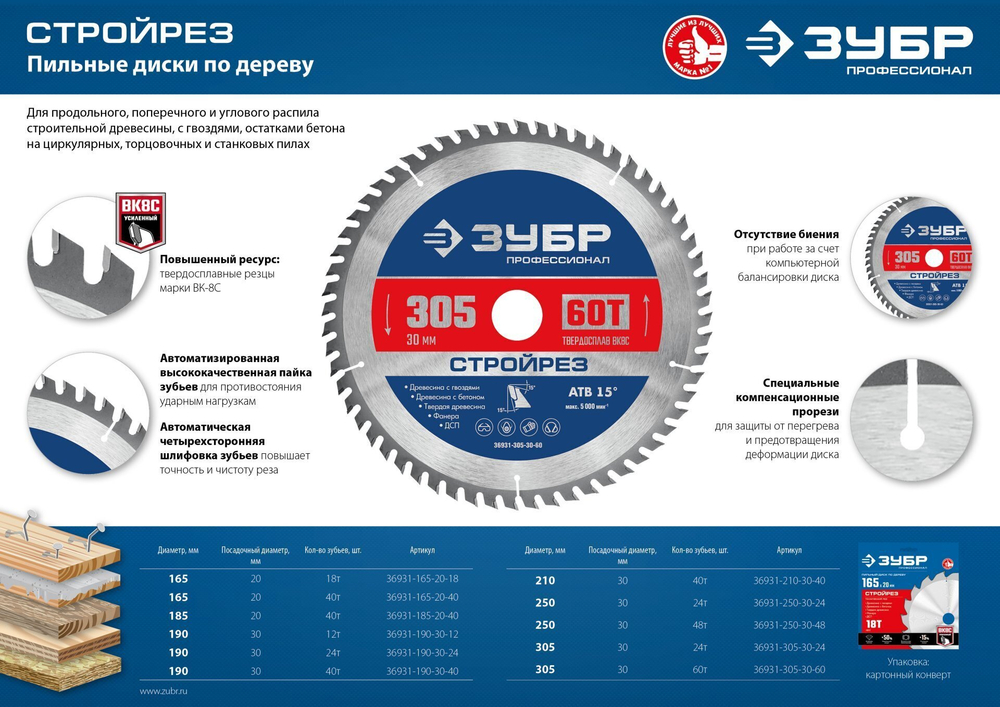 ЗУБР Стройрез, 305 х 30 мм, 60Т, пильный диск по строительной древесине, Профессионал (36931-305-30-60)