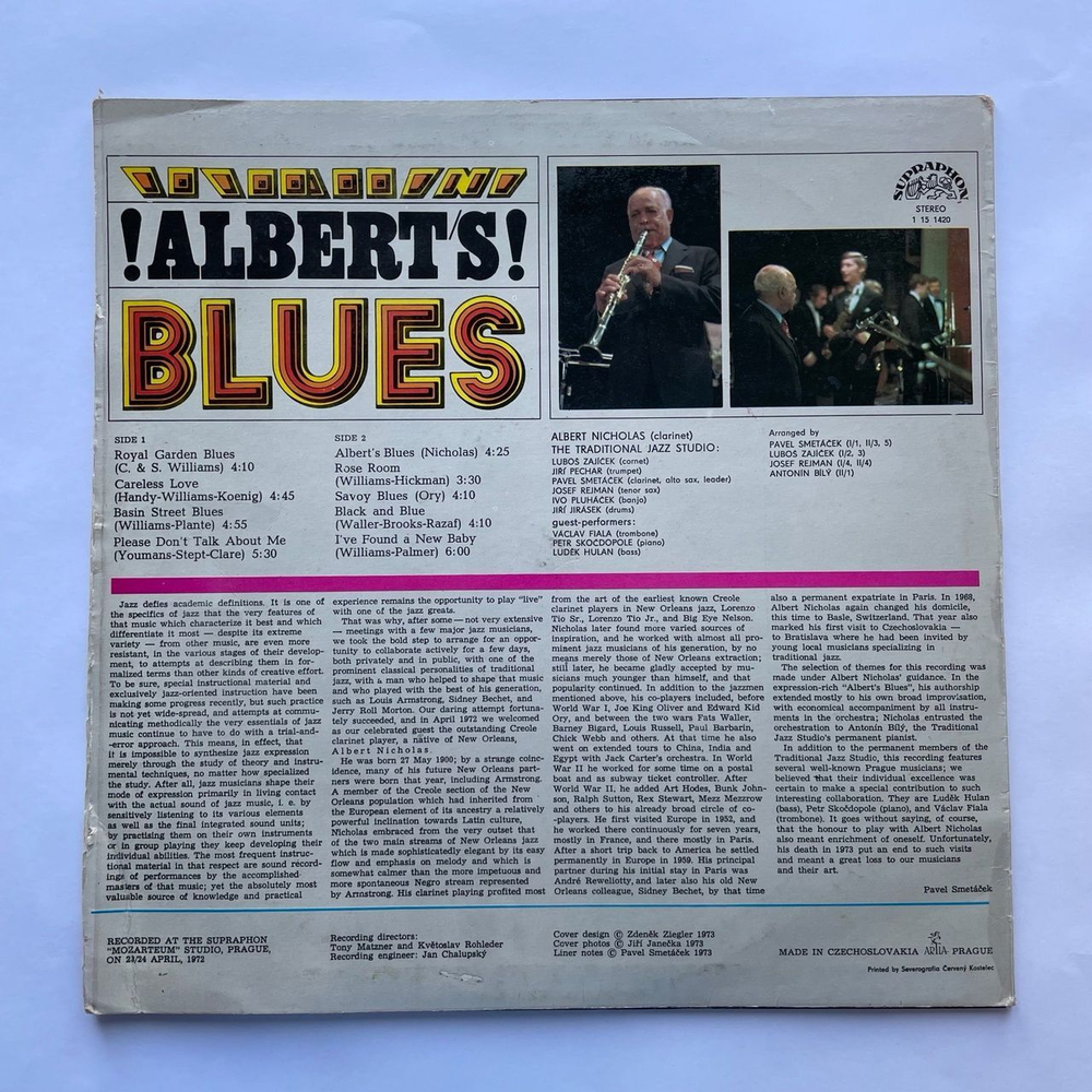 Винтажная виниловая пластинка LP Albert Nicholas And The Traditional Jazz Studio Blues (Чехословакия 1974)