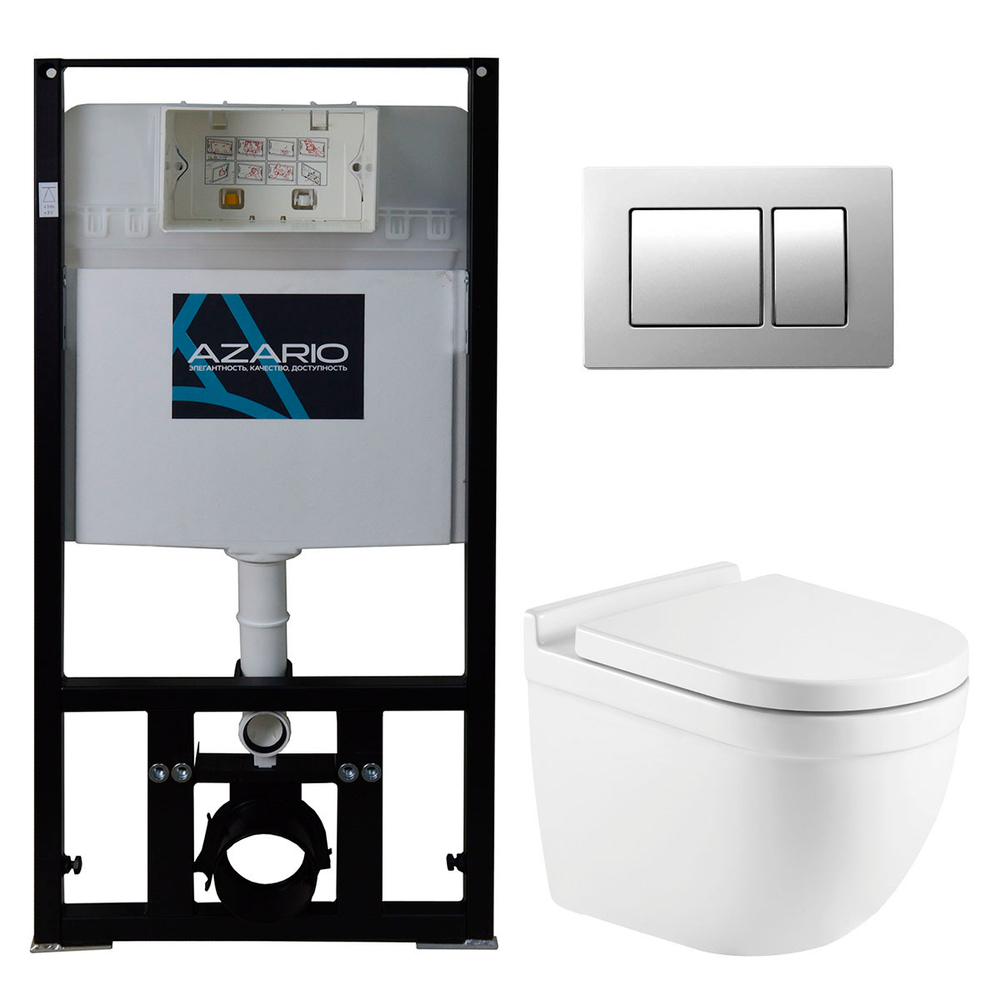 Комплект подвесной безободковый унитаз Azario Fora AZ-8010-1000+AZ-8200-0030+AZ-0017 E-R с микролифтом + система инсталляции с кнопкой смыва хром матовый