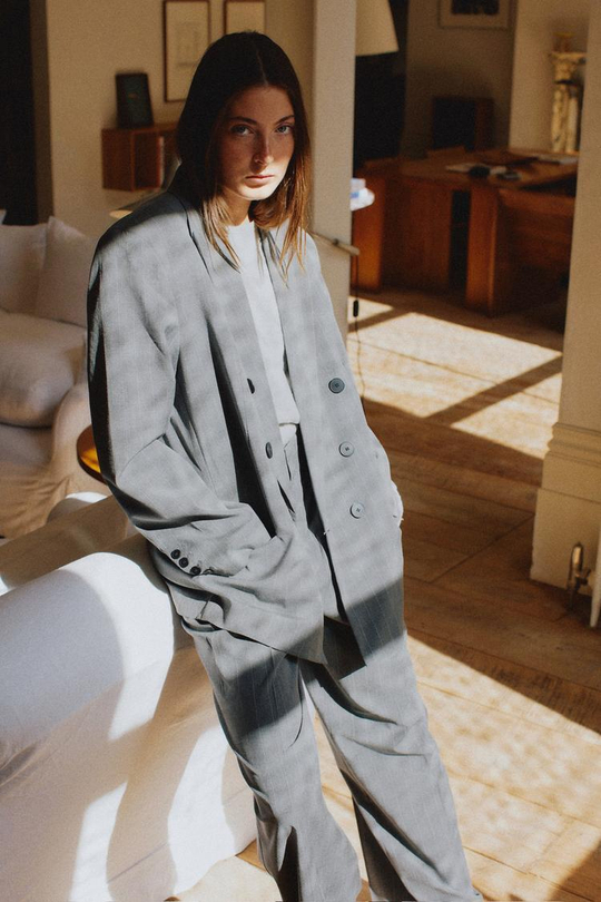 ZARA БЛЕЙЗЕР ОВЕРСАЙЗ В ТОНКУЮ ПОЛОСКУ, СЕРЫЙ/СИНИЙ