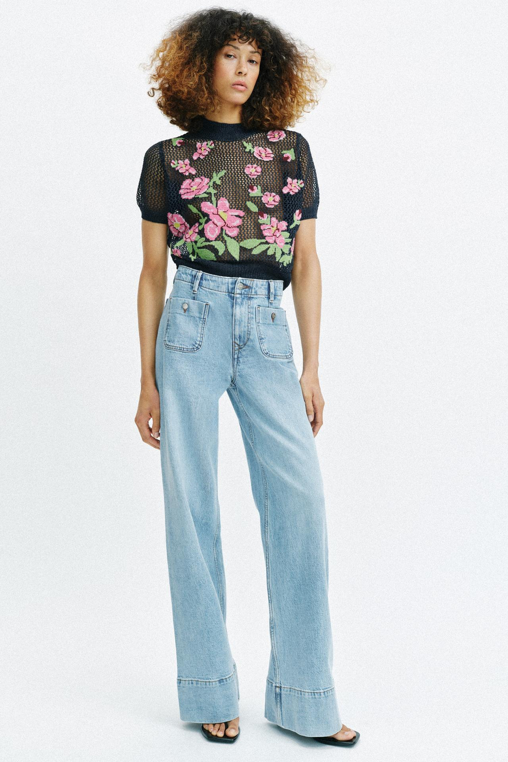 ZARA ТОП С ВЫШИТЫМИ ЦВЕТАМИ, СИНИЙ