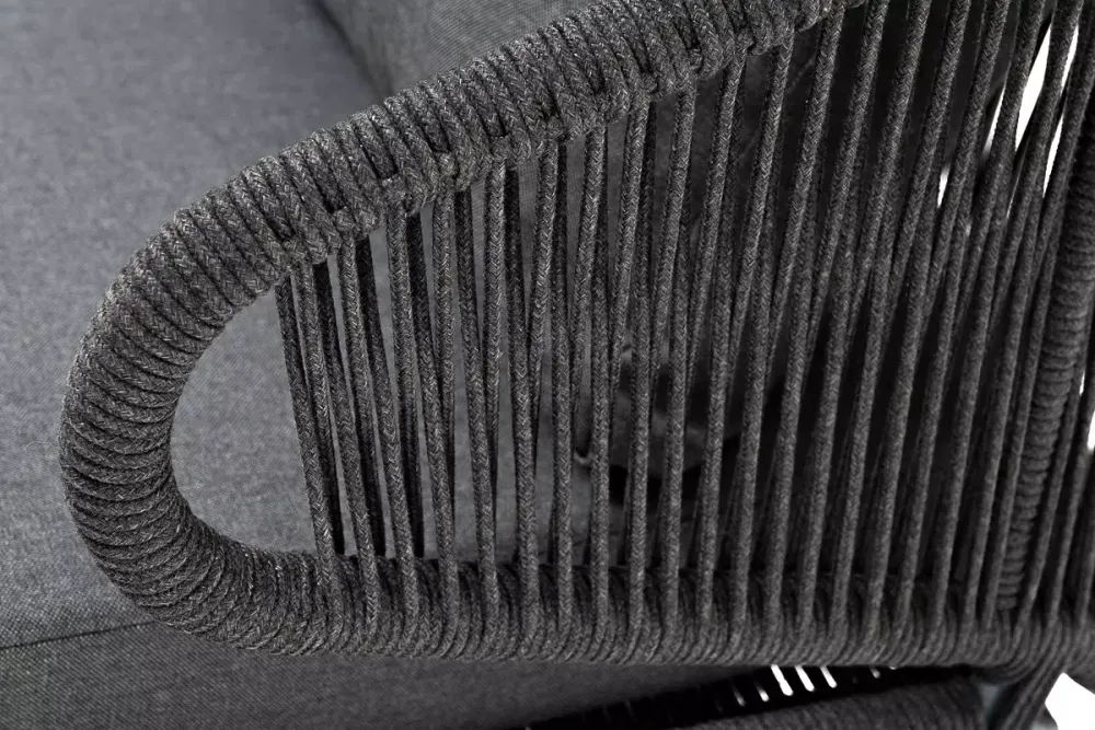 "Милан" диван 2-местный плетеный из роупа, каркас алюминий темно-серый (RAL7024) муар, роуп темно-серый круглый, ткань темно-серая 027