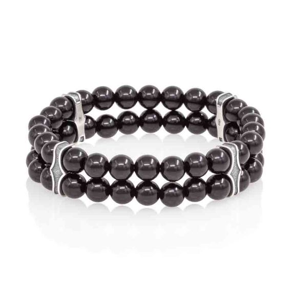Двойной браслет из черного кварца 6 мм с шармами из серебра, вид 2