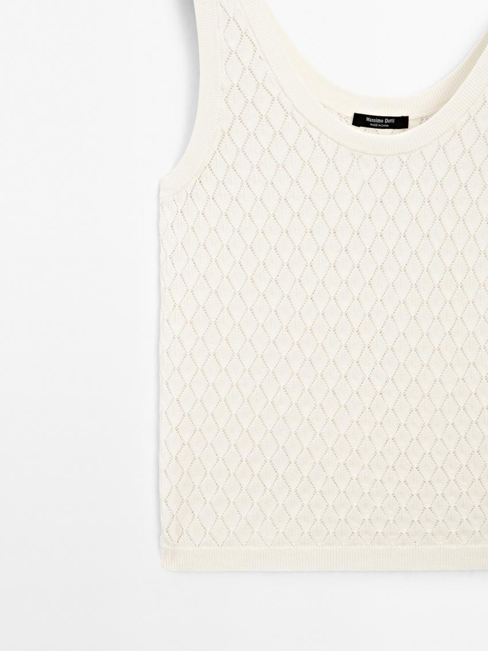 Massimo Dutti Трикотажный топ ажурной вязки с узором «ромбы», натуральный, кремовый