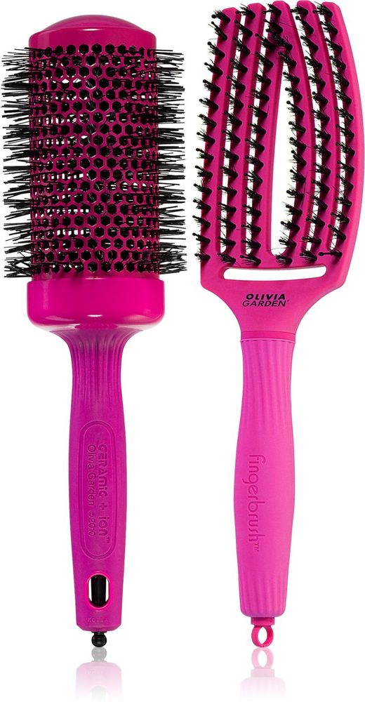 Olivia Garden Thermal Brush 55cm Vent brush 1 pc + Neon Pink flat brush with nylon and boar bristles 1 pc Bright Pink Set
