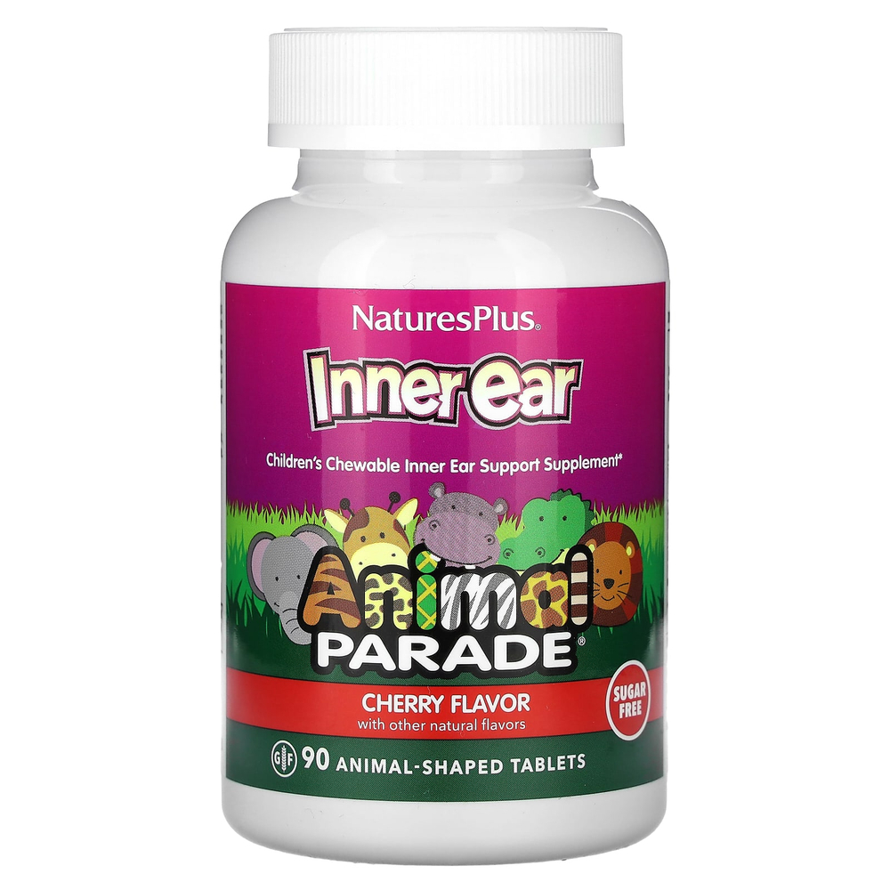 NaturesPlus, Animal Parade, жевательная добавка для поддержки здоровья внутреннего уха, для детей, с вишневым вкусом, 90 таблеток в форме животных