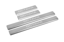 Накладки на пороги AutoMax для Skoda Octavia II поколение (A5) 2004-2013, нерж. сталь, с надписью, 4 шт., AMSKOCT02