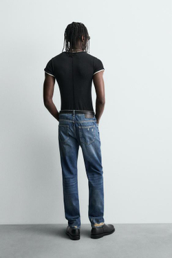 ZARA ДЖИНСЫ SLIM FIT С РАЗРЕЗАМИ, ВЫЦВЕТШИЙ СИНИЙ