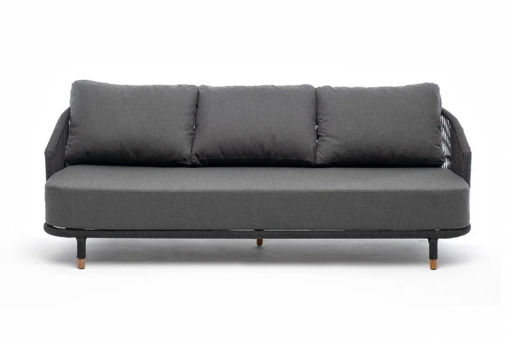 "Верона" диван 3-местный плетеный из роупа, каркас алюминий темно-серый (RAL7024) муар, роуп темно-серый круглый, ткань темно-серая 027