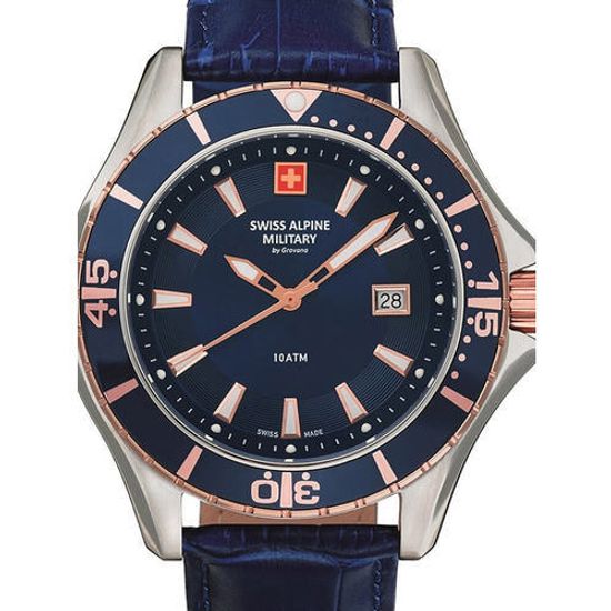 С ремешком Мужские наручные часы с синим кожаным ремешком Swiss Alpine Military 7040.1555 mens watch 44mm 10ATM