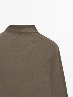 Massimo Dutti Хлопковая футболка в рубчик с длинными рукавами, кофейный