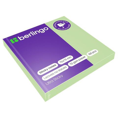Самоклеящийся блок 75*75мм 100л. зеленый "Ultra Sticky" (Berlingo)