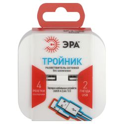 Разветвитель электрический ЭРА SP-4-USB-W на 4 розетки + 2xUSB 2400mA без заземления 10А белый | Тройники