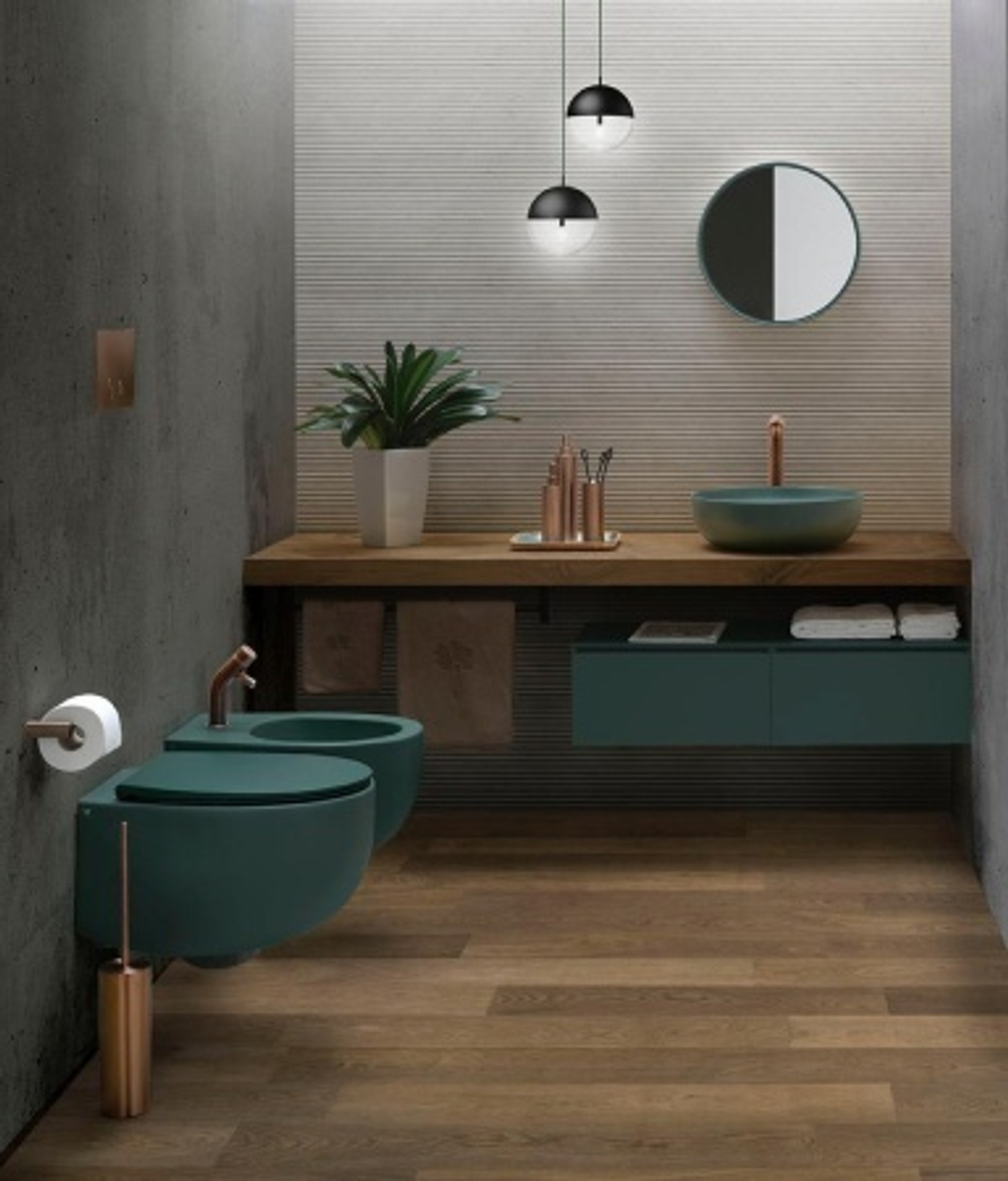 Унитаз подвесной AeT Dot 2.0, с креплениями, цвет зеленый мох матовый фото в интерьере