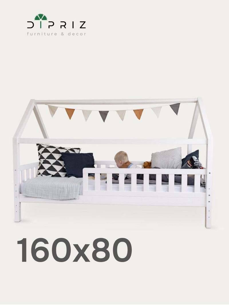 Кровать-домик односпальная 80х160х134 с настилом, белый воск