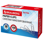 Скрепки EXTRA BRAUBERG 28 мм никелированные 100 штук (20 штук в упаковке)