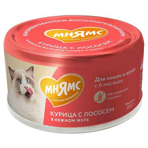 Влажный дополнительный корм для кошек и котят старше 6 месяцев Мнямс на каждый день курица с лососем в нежном желе 80 г