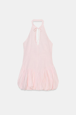 ZARA КОРОТКОЕ ПЛАТЬЕ ИЗ ПОПЛИНА С ГОРЛОВИНОЙ ХАЛТЕР И ЮБКОЙ-БАЛЛОН, БЛЕДНО-РОЗОВЫЙ