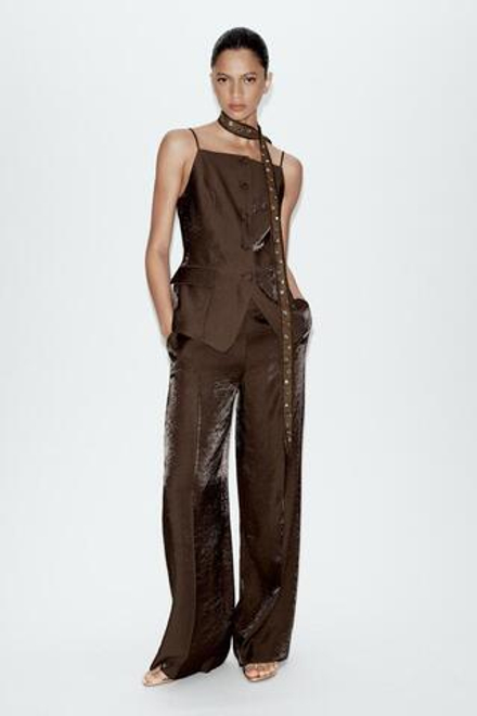 ZARA БРЮКИ ПРЯМОГО КРОЯ С БЛЕСКОМ, КОРИЧНЕВЫЙ