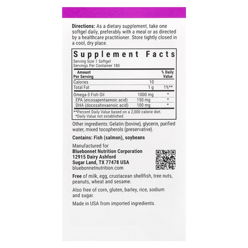 Bluebonnet Nutrition, Рыбий жир лосося с омега-3, 1000 мг, 180 мягких таблеток