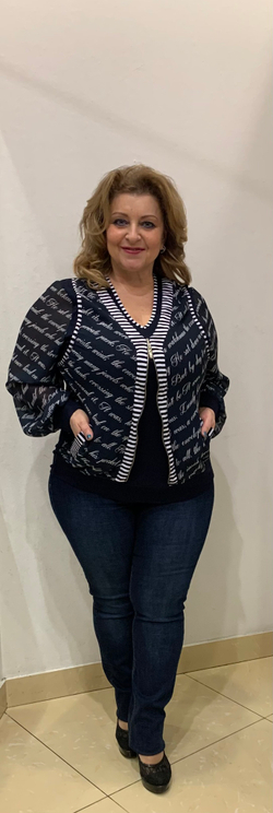 Сине-белый блузон -"обманка" с шифоновыми рукавами