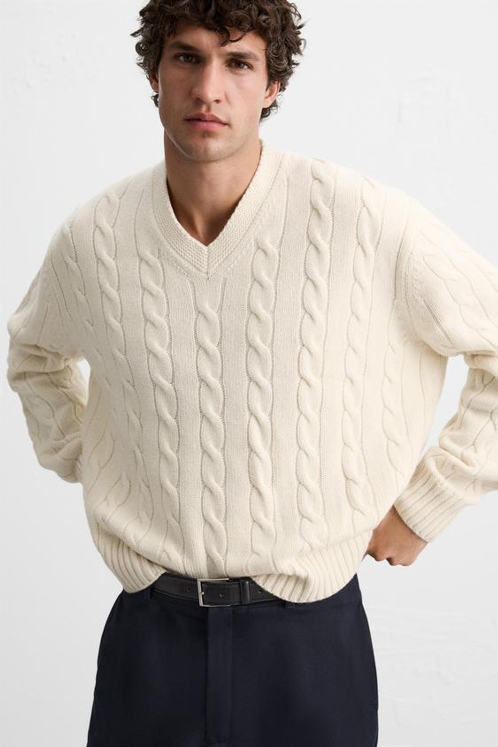 ZARA ШЕРСТЯНОЙ СВИТЕР С УЗОРОМ «КОСЫ», ЭКРЮ