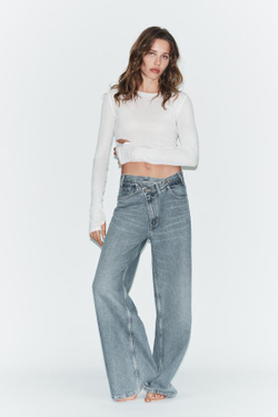 ZARA ДЖИНСЫ TRF WIDE LEG С ПЕРЕКРЕСТНЫМ ПОЯСОМ И ВЫСОКОЙ ПОСАДКОЙ, ВЫЦВЕТШИЙ СИНИЙ