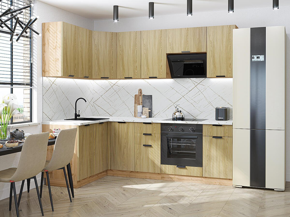 Угловая модульная кухня Евро Лайн-05 Дуб песочный - Дуб Вотан 2140*1400/2400*600