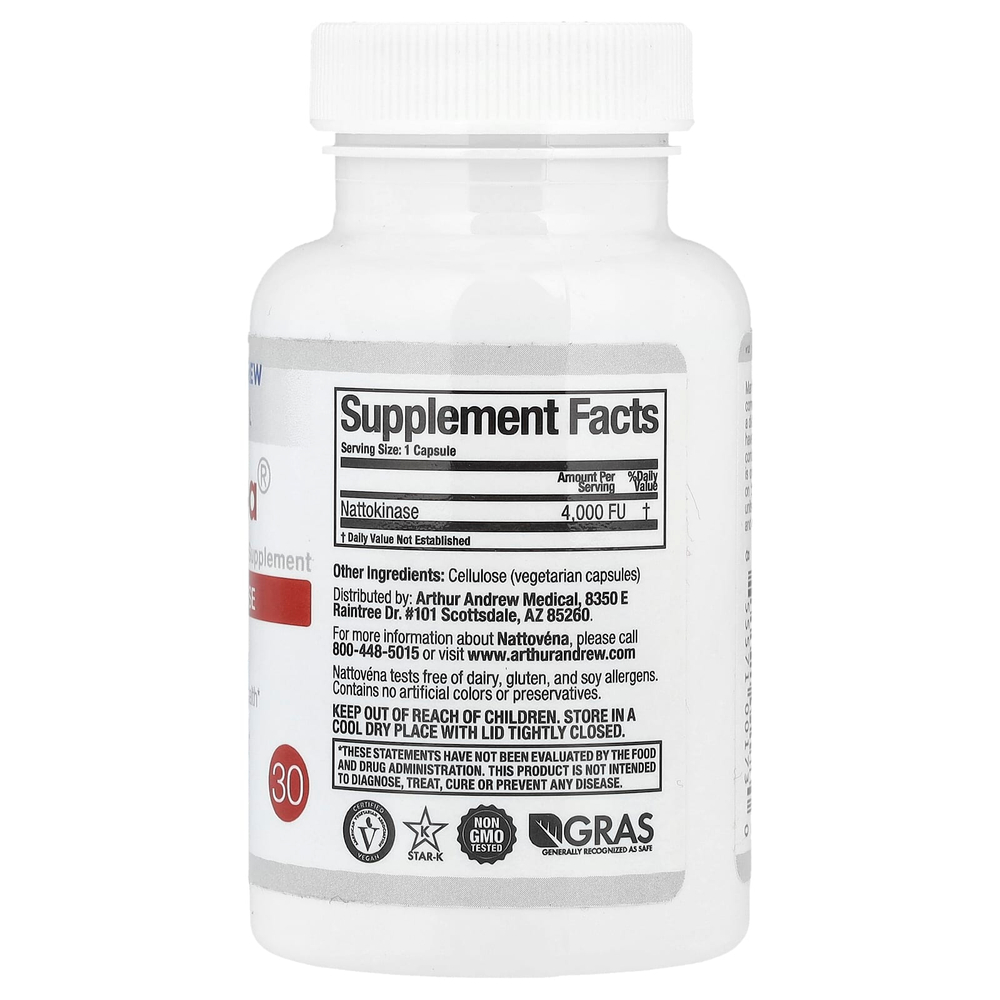 Arthur Andrew Medical, Наттовена, очищенная наттокиназа, 200 мг, 30 капсул