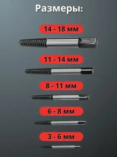 Экстрактор для болтов, в пластиковом кейсе 5 штук
