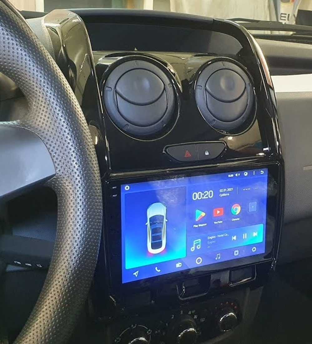 Магнитола для Renault Duster 1 2015-2020, Lada Largus 2021+ (без мультируля, рамка большая глянец) - FarCar XXL9-7088A монитор 9.5" 2K QLED на Android 14, TS20, 8+256Гб, CarPlay, 4G SIM-слот