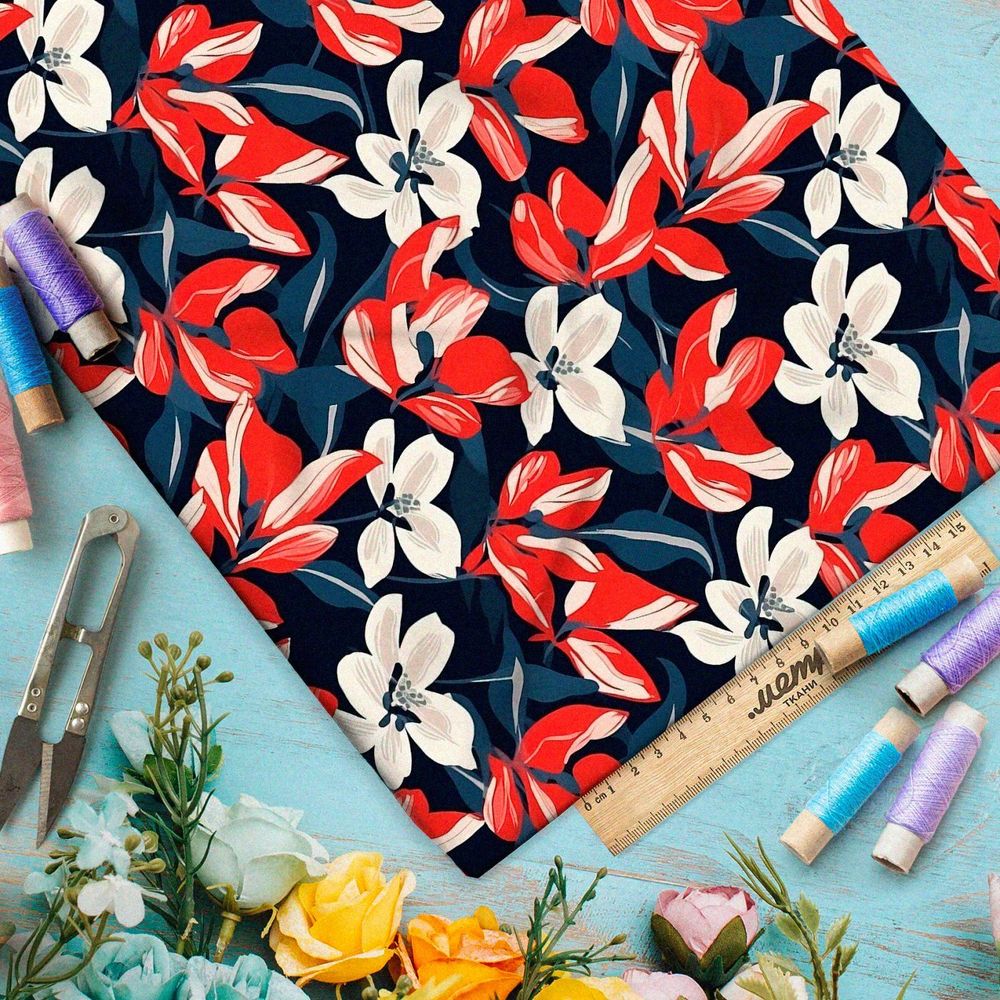 Ткань премиум Оксфорд 600D бело-красная цветочная иллюстрация